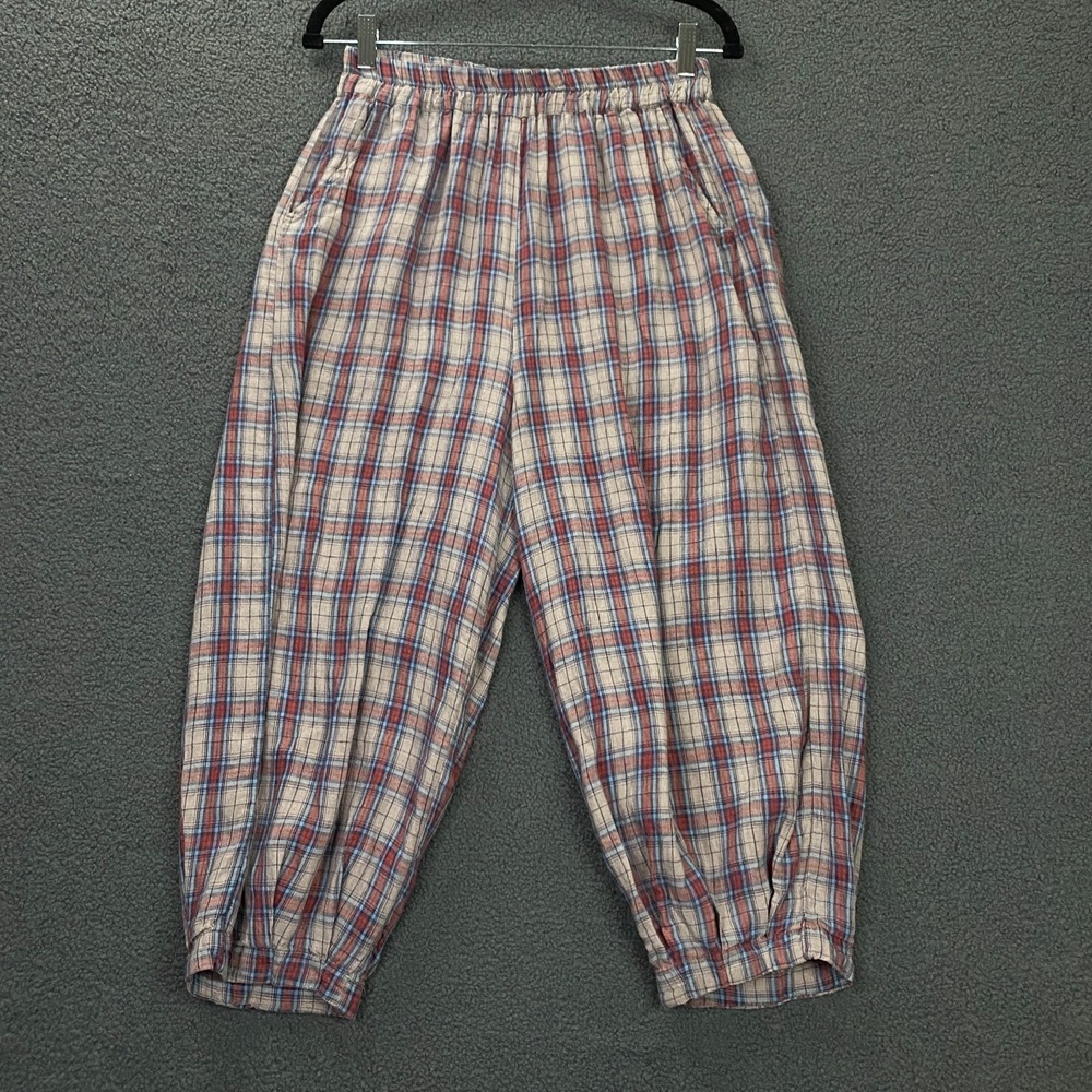 Linen Pants FITS size Small Plaid Jogger Pockets Elastic Waist Beach Boho